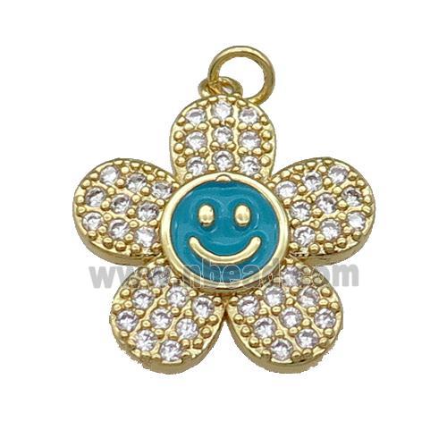 copper sunflower pendant pave zircon with teal enamel happyface, gold plated