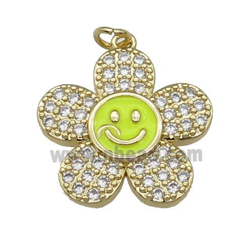 copper sunflower pendant pave zircon with yellow enamel happyface, gold plated