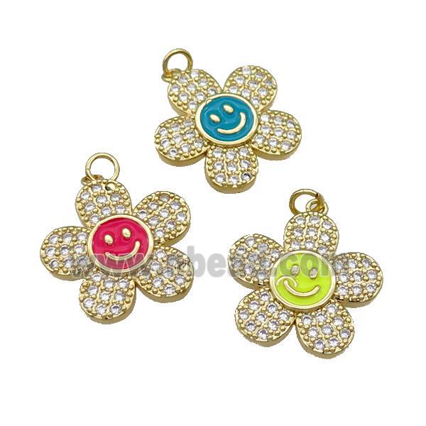 copper sunflower pendant pave zircon with enamel happyface, gold plated, mixed