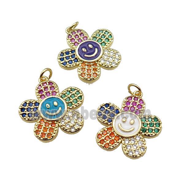 copper sunflower pendant pave zircon with enamel happyface, gold plated, mixed