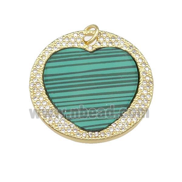 copper circle Heart pendant paved Malachite, zircon, gold plated