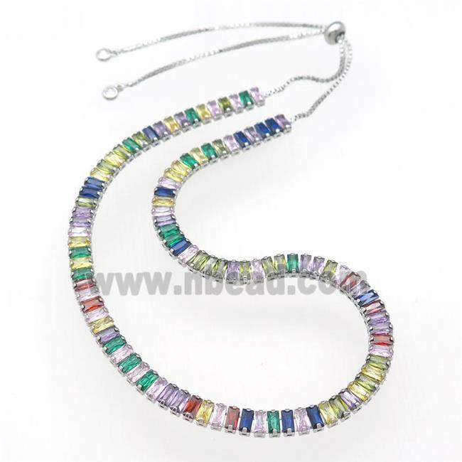 copper Necklace pave multicolor zircon, adjustable, platinum plated