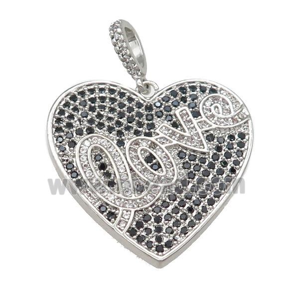 copper Heart pendant pave black zircon, LOVE, platinum plated