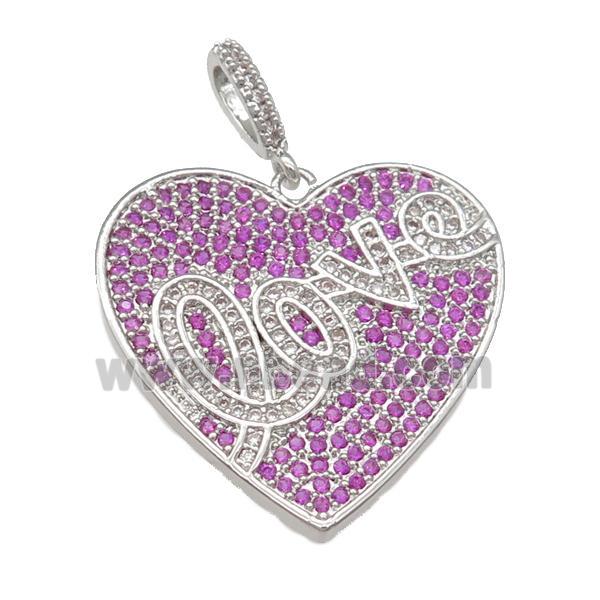 copper Heart pendant pave hotpink zircon, LOVE, platinum plated