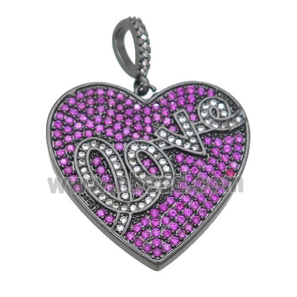 copper Heart pendant pave hotpink zircon, LOVE, black plated