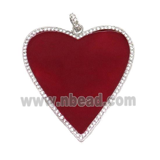 copper Heart pendant pave zircon with red enamel, platinum plated