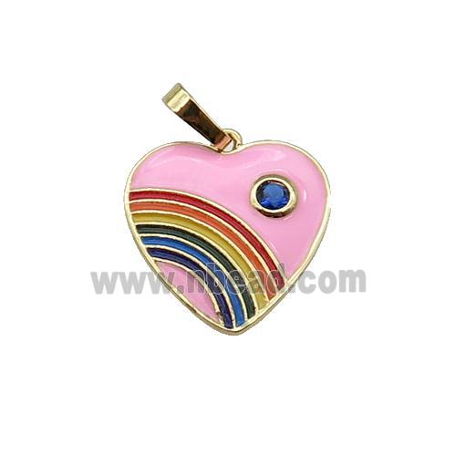 copper Heart pendant with pink enamel, rainbow, gold plated