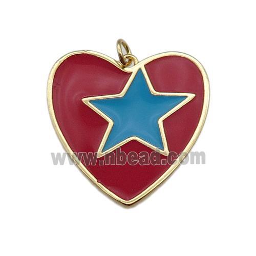 copper Heart pendant with red enamel, star, gold plated