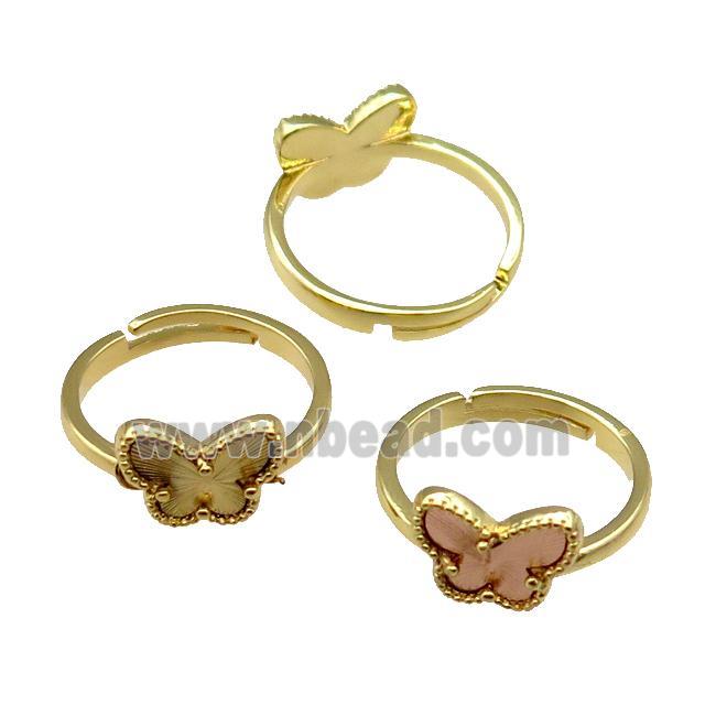 copper Butterfly Ring, adjustable, gold plated, mix