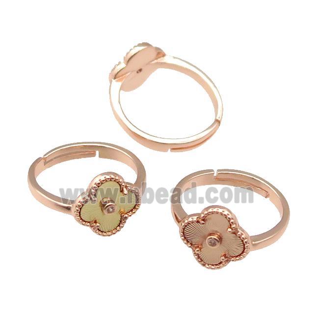 copper Clover Ring, adjustable, rose gold, mixed