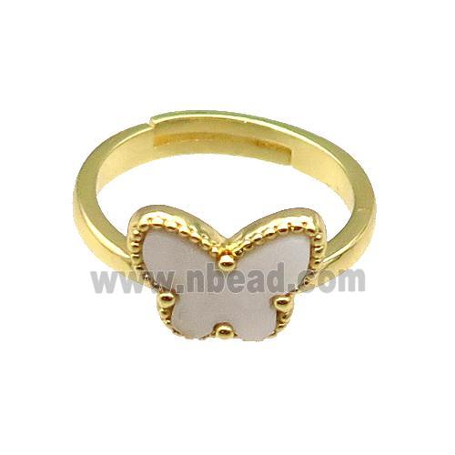 copper Butterfly Ring pave white shell, adjustable, gold plated