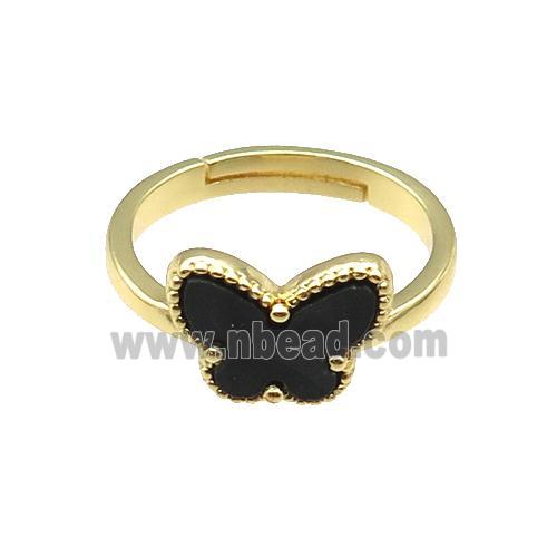 copper Butterfly Ring pave black shell, adjustable, gold plated