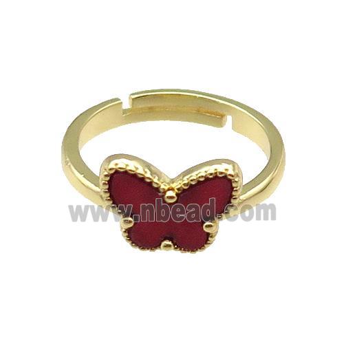 copper Butterfly Ring pave red shell, adjustable, gold plated