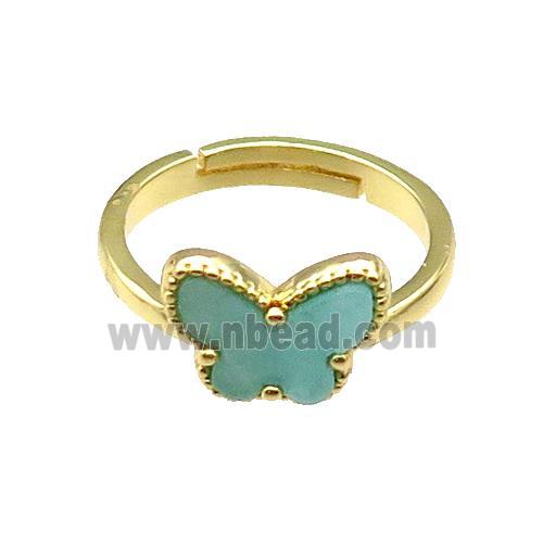 copper Butterfly Ring pave green shell, adjustable, gold plated