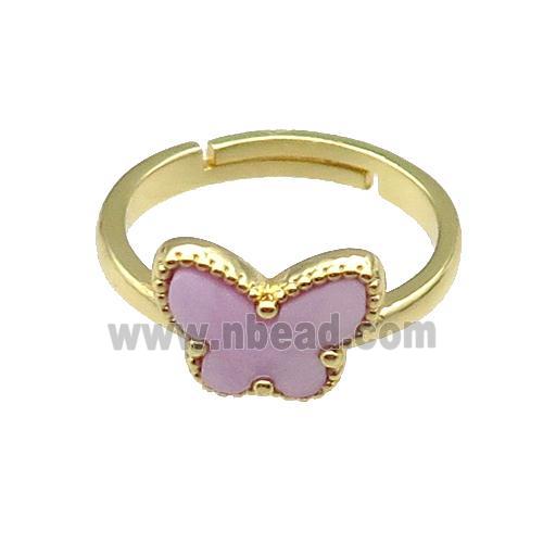 copper pendacopper Butterfly Ring pave lavender shell, adjustable, gold plated
