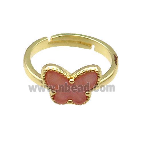 copper Butterfly Ring pave pink shell, adjustable, gold plated