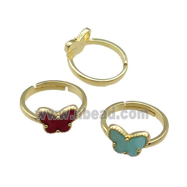 copper Butterfly Ring pave shell, adjustable, gold plated, mixed