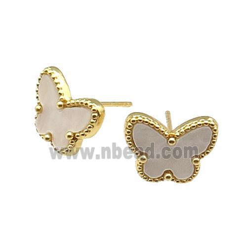 copper Butterfly Stud Earring pave white shell, gold plated
