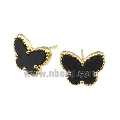 copper Butterfly Stud Earring pave black shell, gold plated