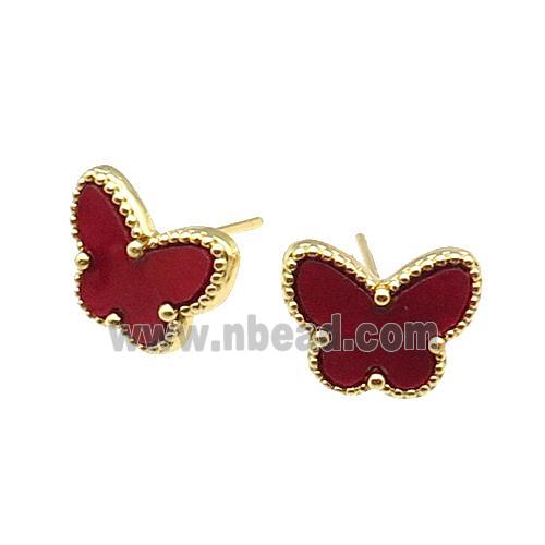 copper Butterfly Stud Earring pave red shell, gold plated