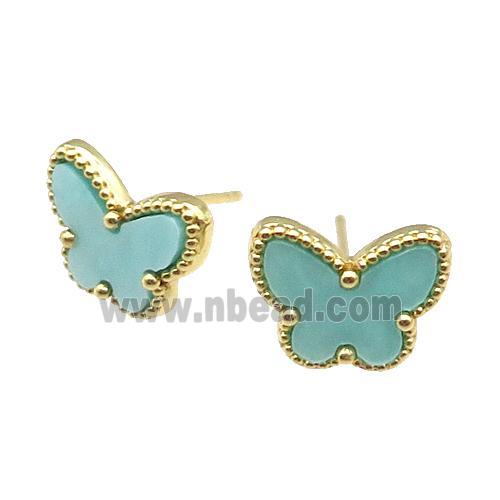 copper Butterfly Stud Earring pave green shell, gold plated