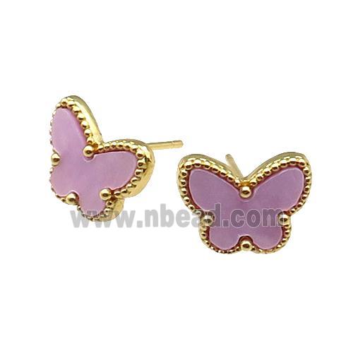 copper Butterfly Stud Earring pave lavender shell, gold plated
