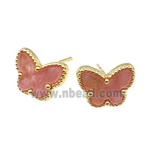 copper Butterfly Stud Earring pave pink shell, gold plated