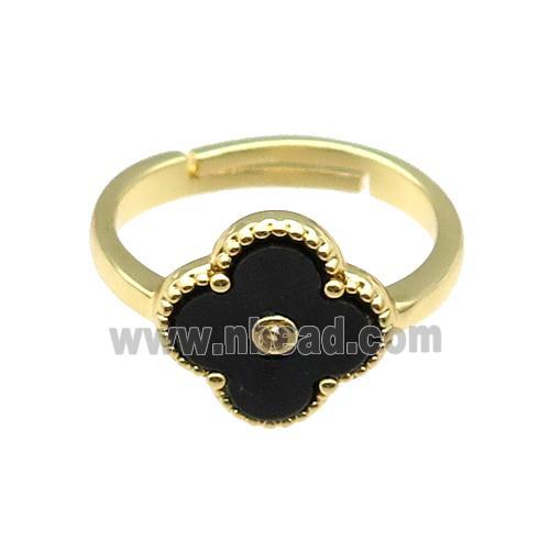 copper Clover Ring pave black shell, gold plated