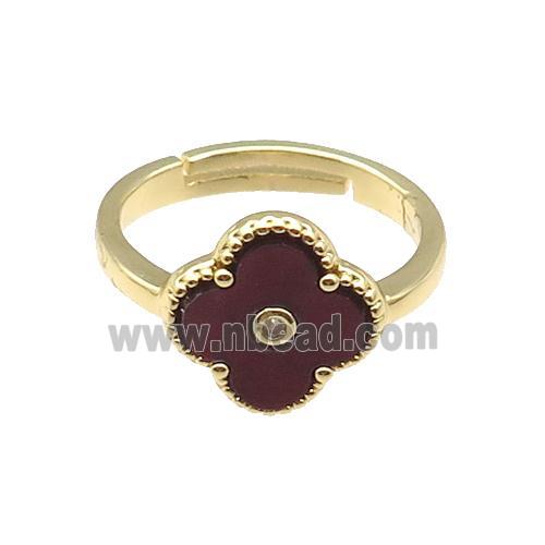 copper Clover Ring pave darkred shell, gold plated