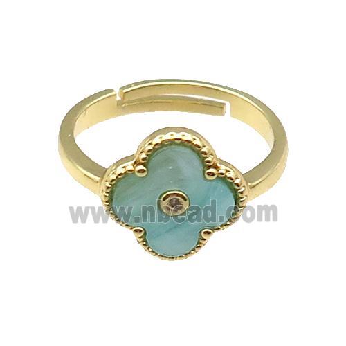 copper Clover Ring pave green shell, gold plated