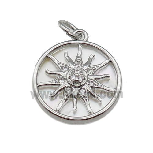 copper circle sunflower pendant pave zircon, shell, platinum plated