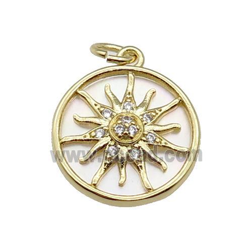 copper circle sunflower pendant pave zircon, shell, gold plated