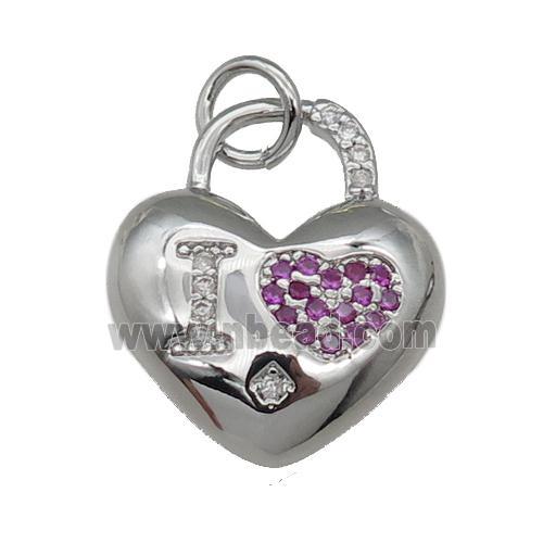 copper Heart pendant pave zircon, I-LOVE, platinum plated