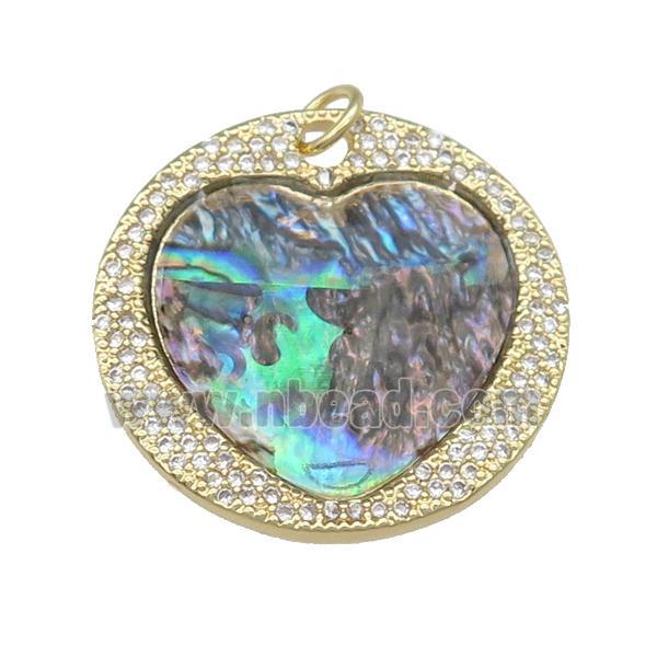 copper circle Heart pendant pave abalone shell, zircon, gold plated