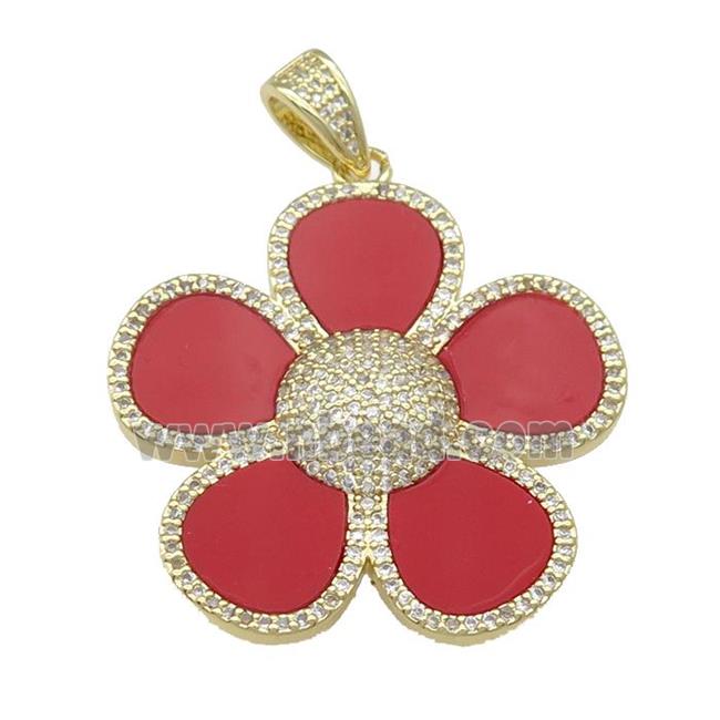 copper Flower pendant pave red agate, zircon, gold plated