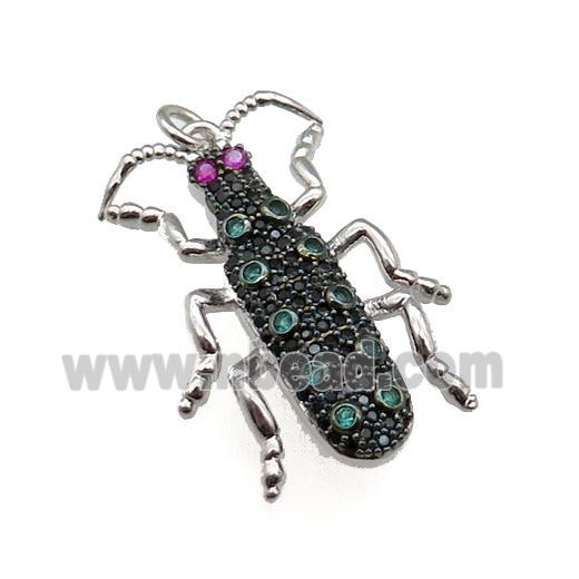copper Ladybug pendant pave zircon, platinum plated
