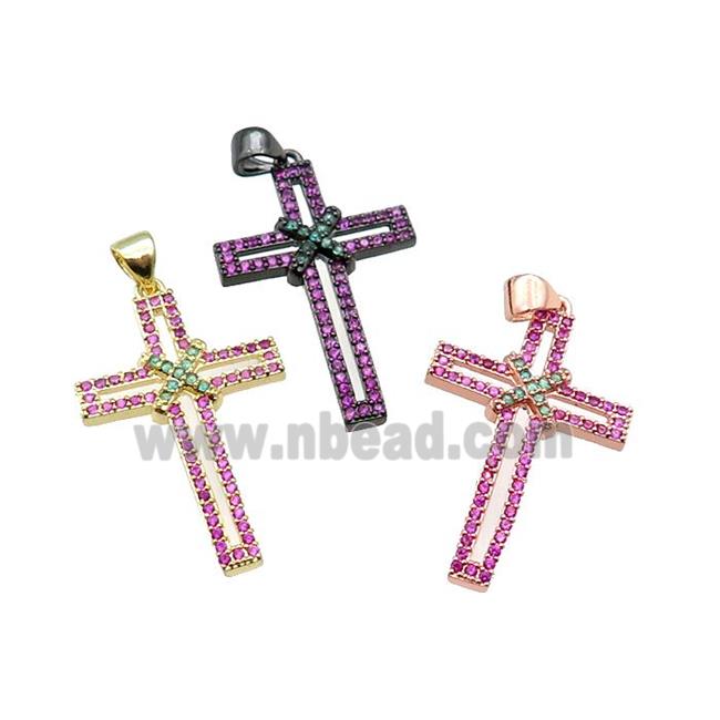 copper christian Cross pendant pave hotpionk zircon, mixed