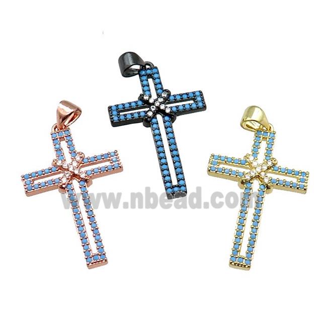copper christian Cross pendant pave turq zircon, mixed
