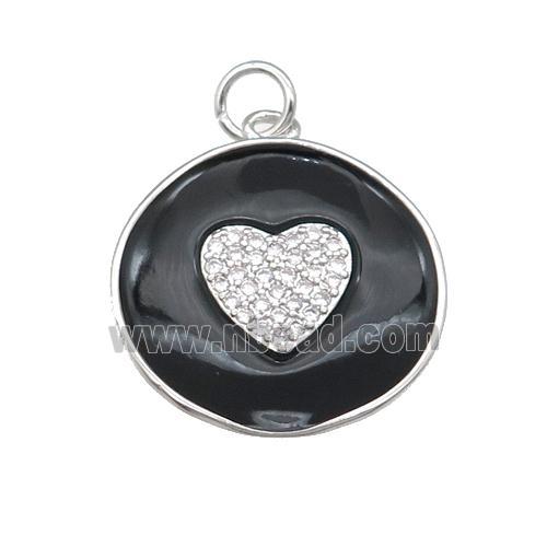 copper circle heart pendant pave zircon with black enamel, platinum plated