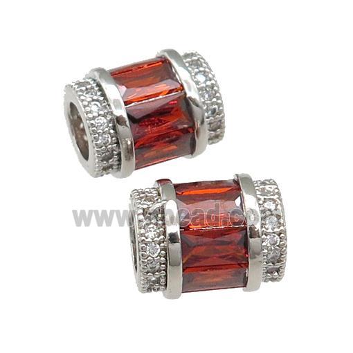 copper tube beads pave red zircon, platinum plated