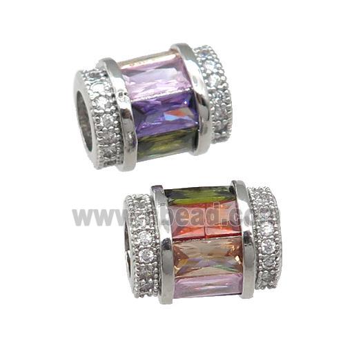 copper tube beads pave zircon, multicolor, platinum plated, large hole