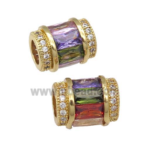 copper tube beads pave zircon, multicolor, gold plated