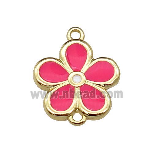 copper flower connector with hotpink enamel, gold plated