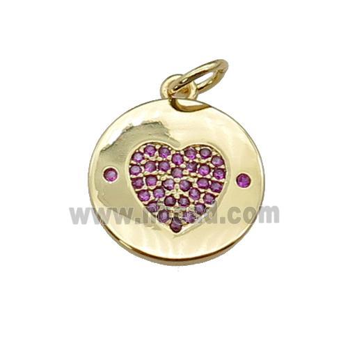 copper circle Heart pendant paved hotpink zircon, gold plated