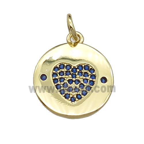 copper circle Heart pendant paved blue zircon, gold plated