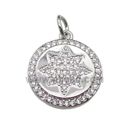 copper circle star pendant pave zircon, platinum plated