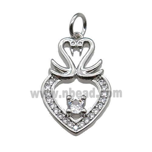 copper Heart pendant paved zircon, swan, platinum plated