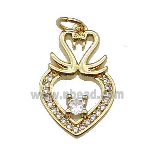 copper Heart pendant paved zircon, swan, gold plated