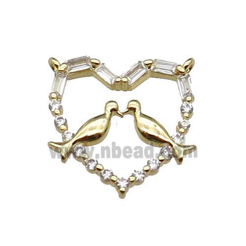 copper Heart pendant pave zircon, couple birds, gold plated