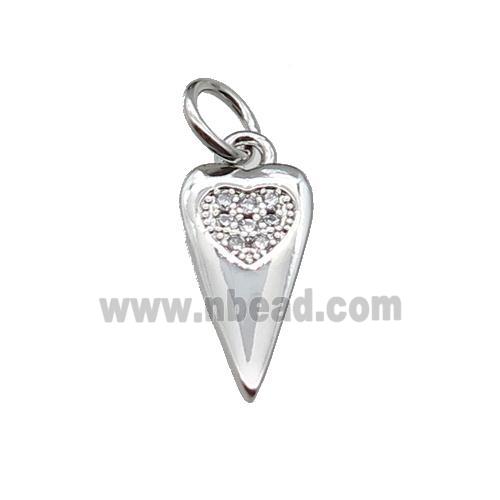 copper dart heart pendant pave zircon, platinum plated
